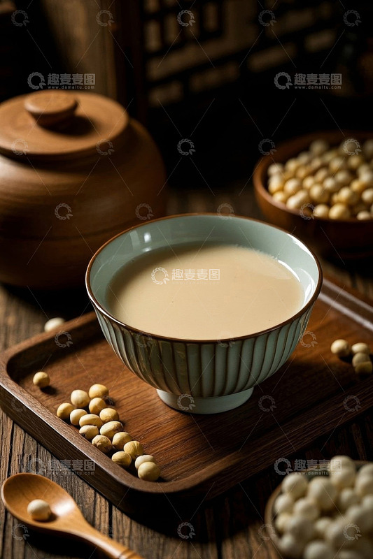 中式木桌上的一碗豆浆与黄豆