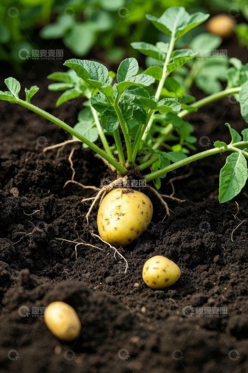 高清大图下载【趣麦麦图】土壤中生长的新鲜土豆