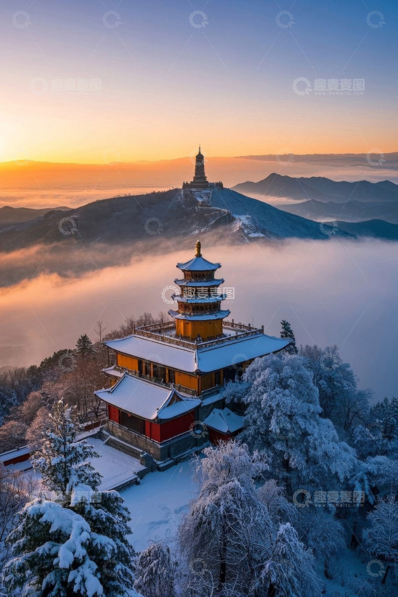 高清大图下载【趣麦麦图】雪后古建筑与远山日出景观