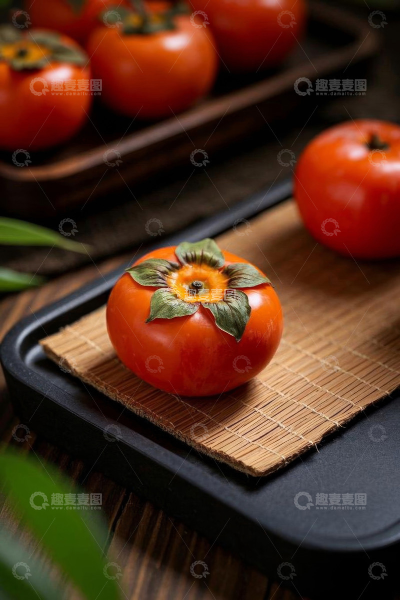 高清大图下载【趣麦麦图】木盘上摆放的新鲜柿子
