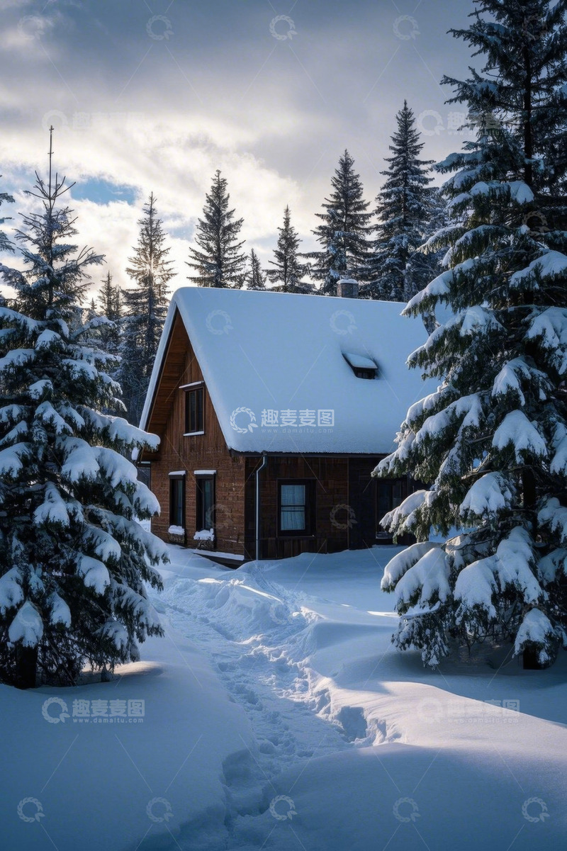 高清大图下载【趣麦麦图】雪覆木屋与松林景观