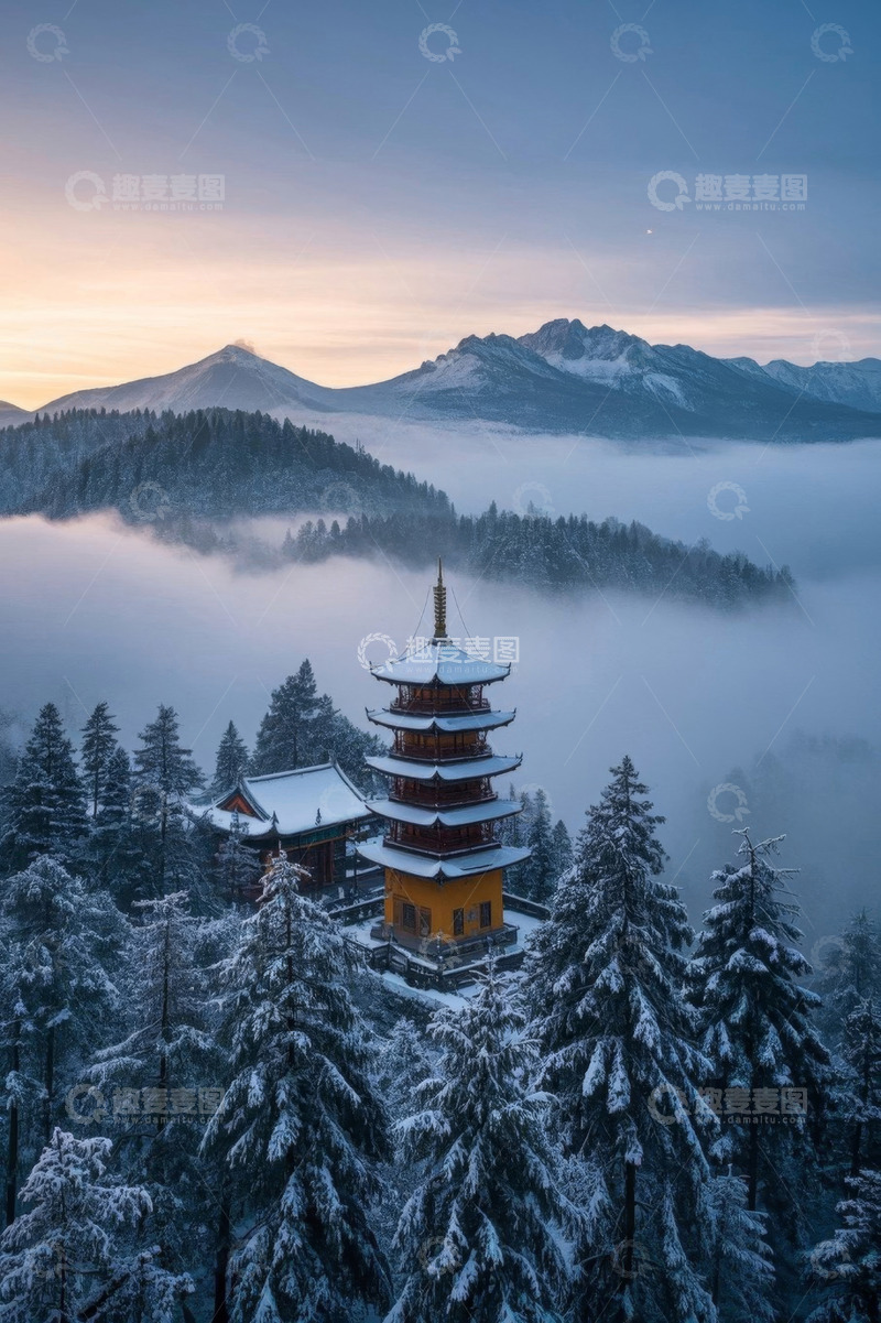 高清大图下载【趣麦麦图】雪后山林中的古建筑塔楼