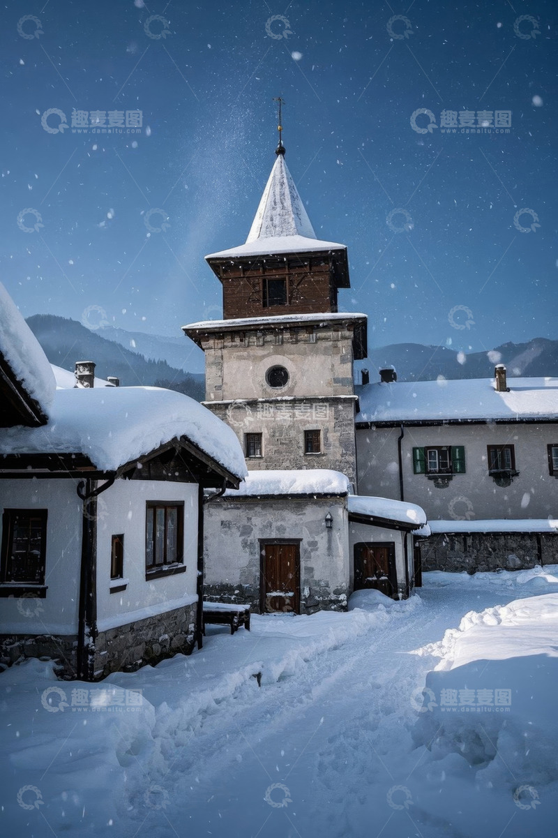 高清大图下载【趣麦麦图】雪天欧式建筑庭院景象