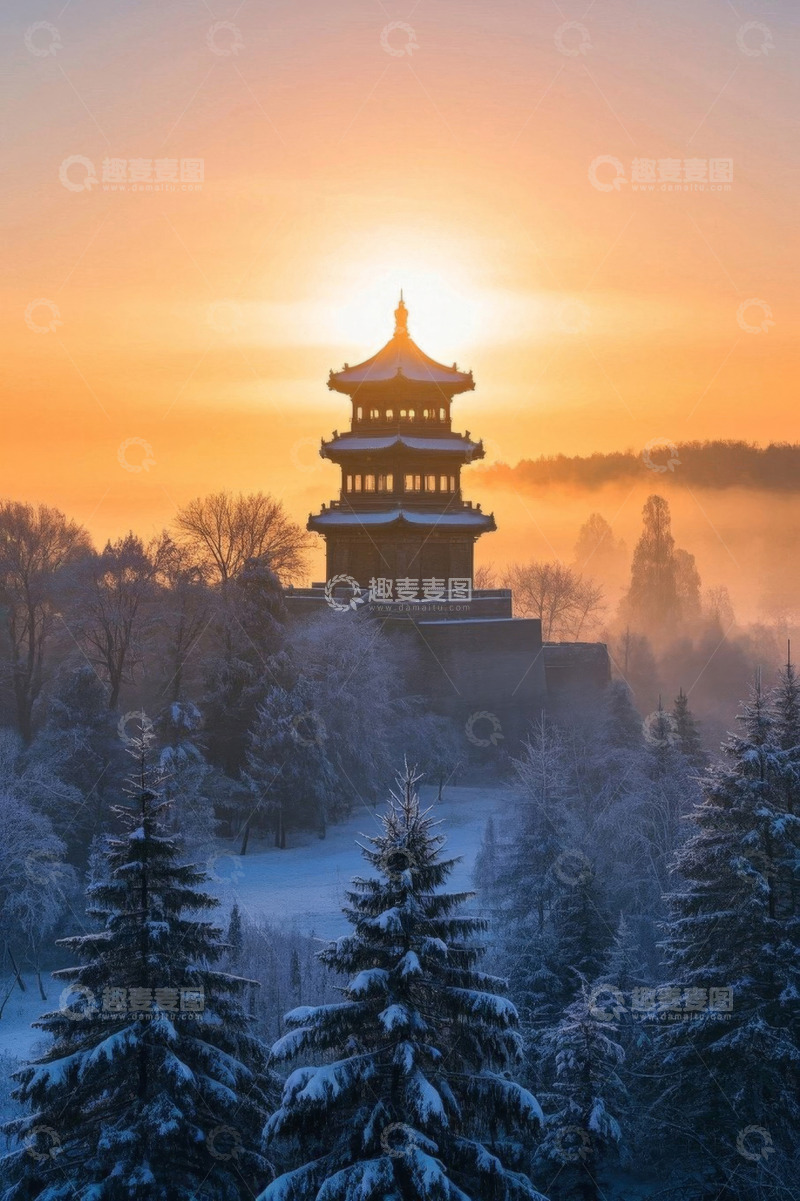 高清大图下载【趣麦麦图】雪后古塔日出自然风光