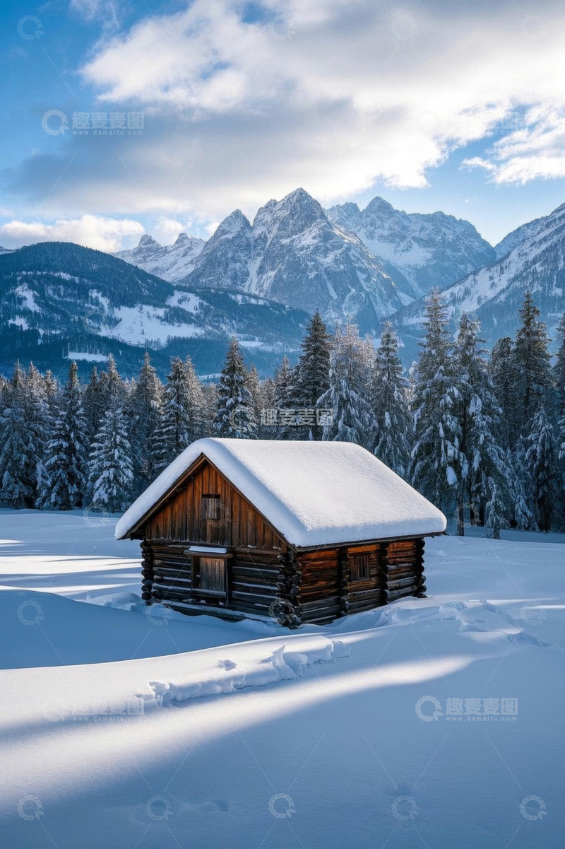 高清大图下载【趣麦麦图】雪中山间木屋自然风光