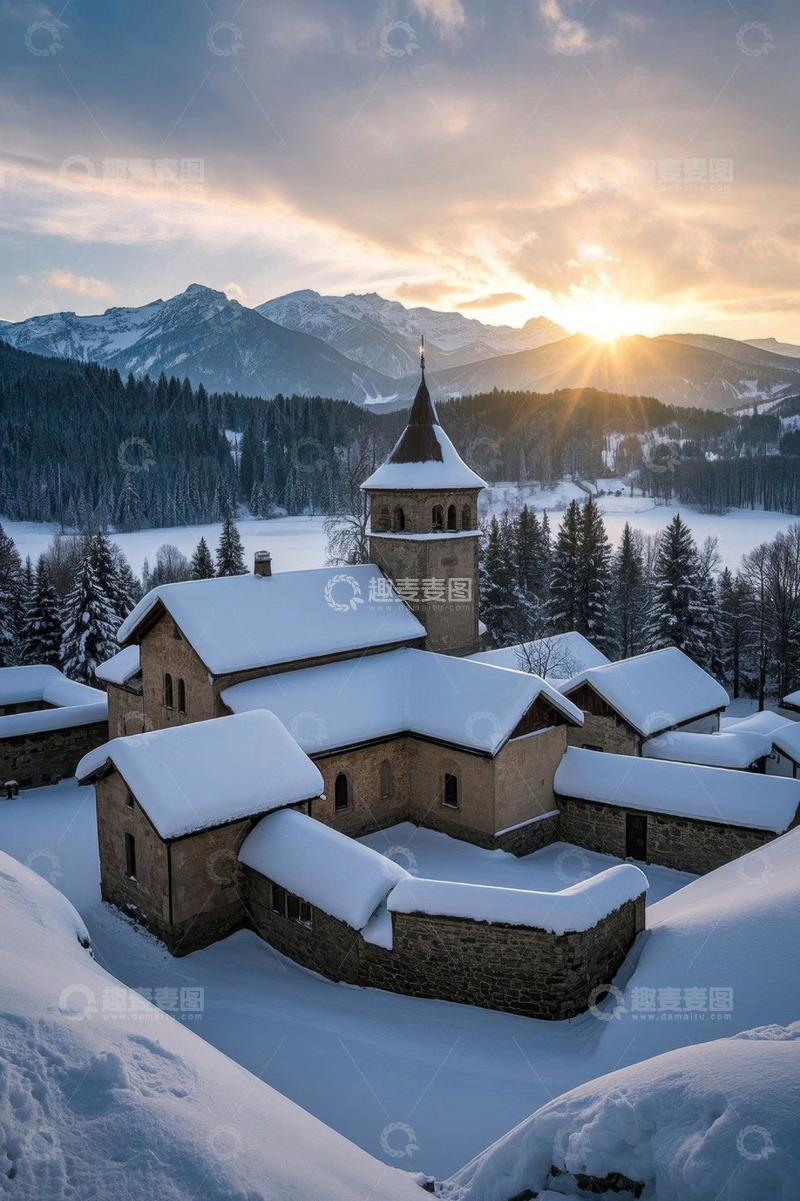 高清大图下载【趣麦麦图】雪中山间教堂日落景观