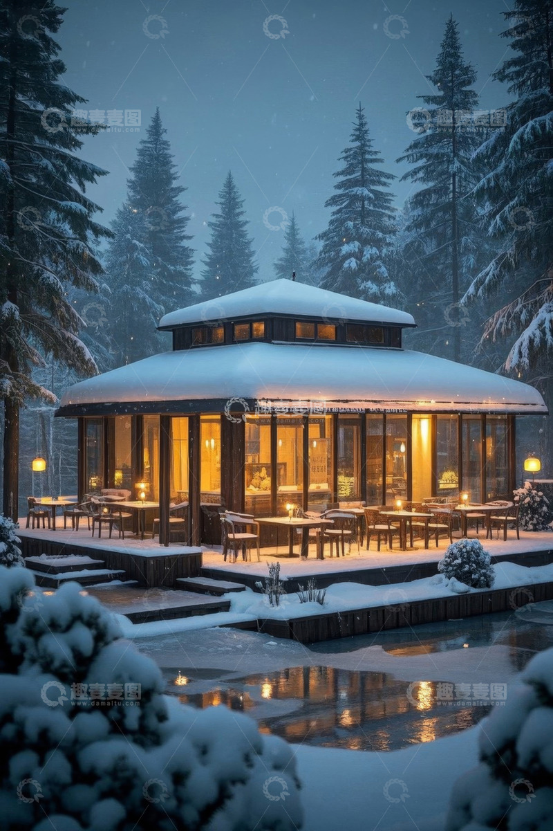 高清大图下载【趣麦麦图】雪夜森林中的温馨木屋