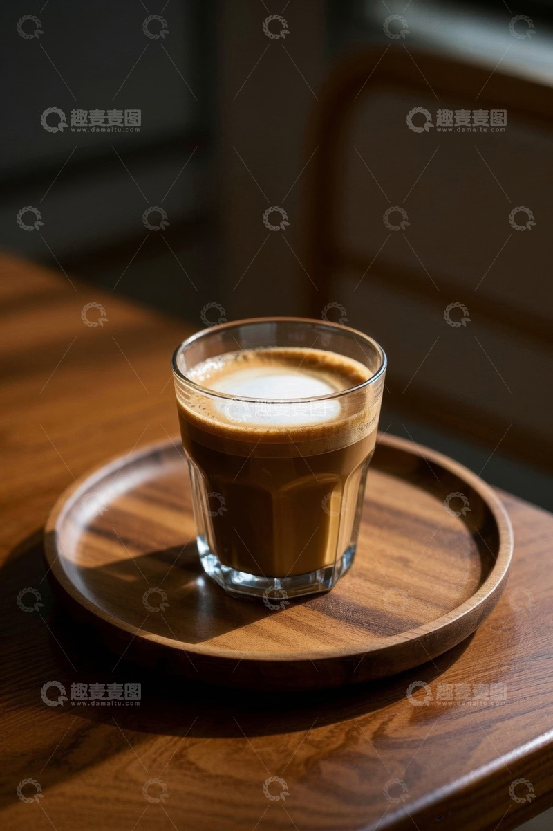 高清大图下载【趣麦麦图】木桌上玻璃杯装的咖啡饮品
