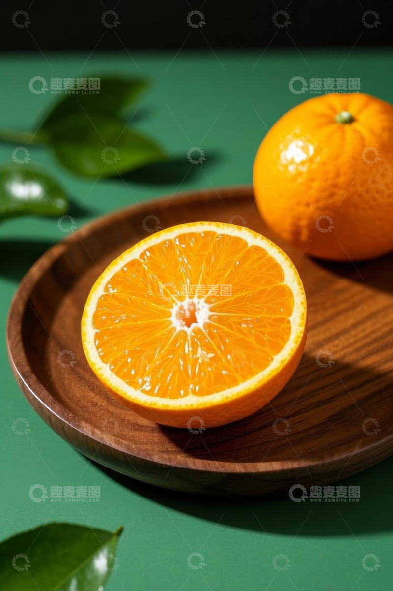 高清大图下载【趣麦麦图】木盘上的橘子及半颗切面