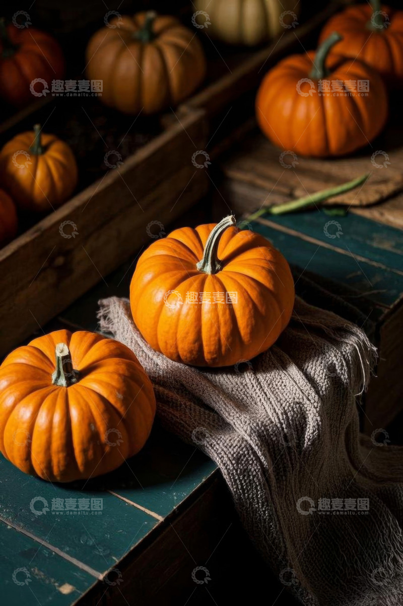 高清大图下载【趣麦麦图】木桌上摆放的南瓜静物素材