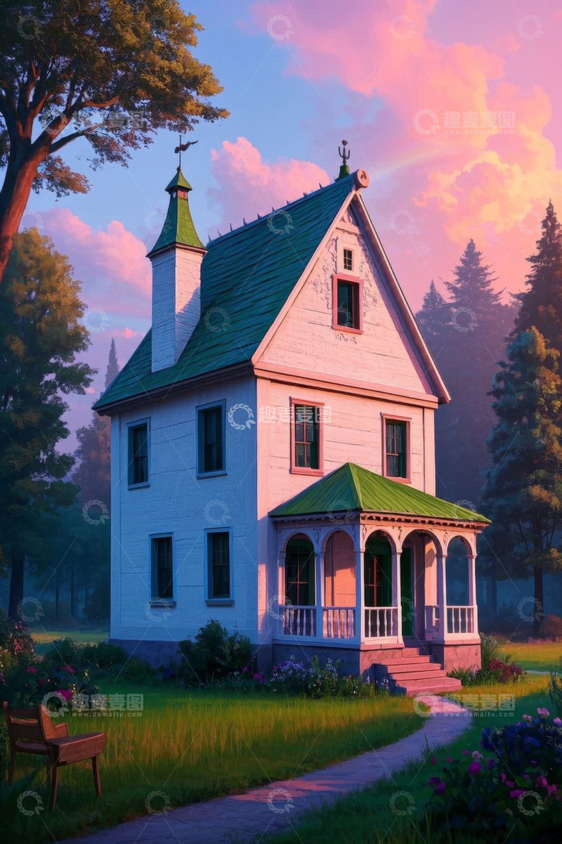 高清大图下载【趣麦麦图】森林中的白色独栋小屋