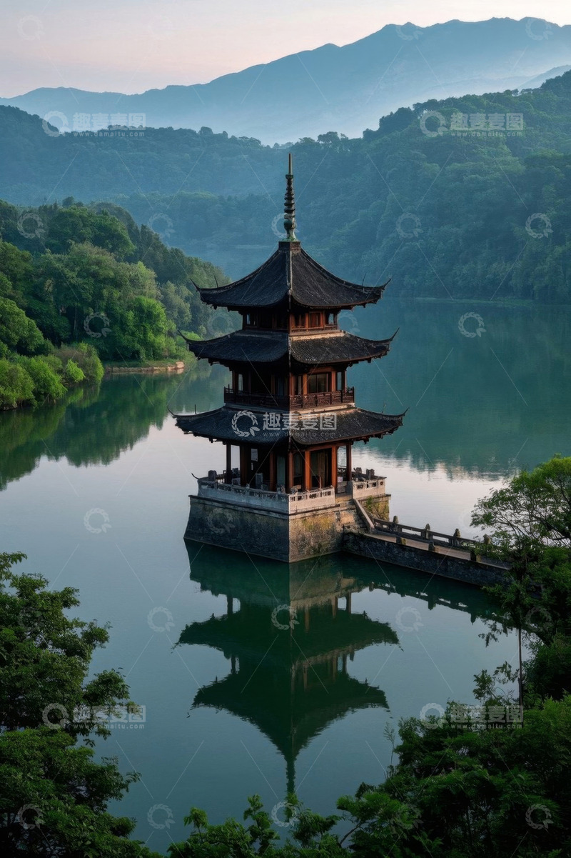 高清大图下载【趣麦麦图】湖畔中式古亭自然风光