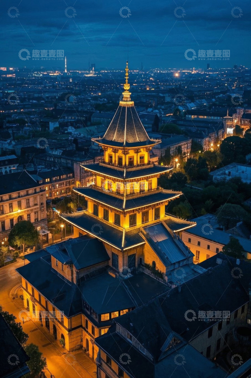 高清大图下载【趣麦麦图】城市中式古建筑夜景俯瞰