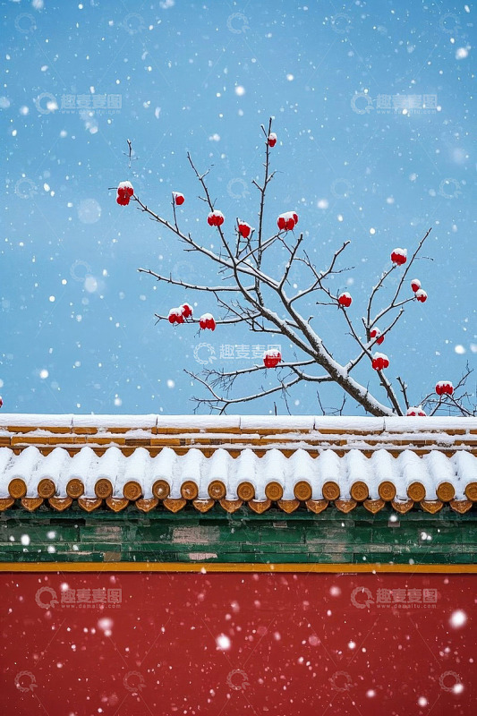 红墙雪覆枝头挂红果景象