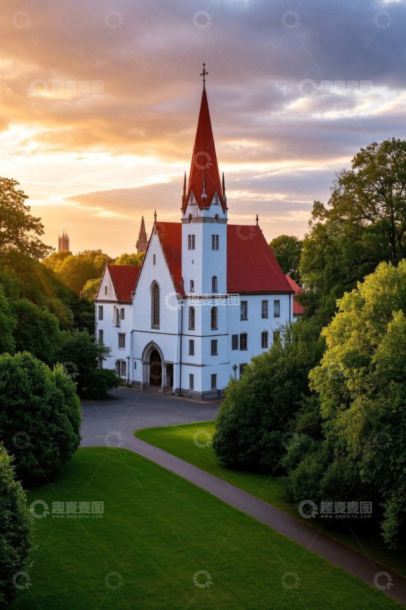 高清大图下载【趣麦麦图】夕阳下的红顶白色教堂