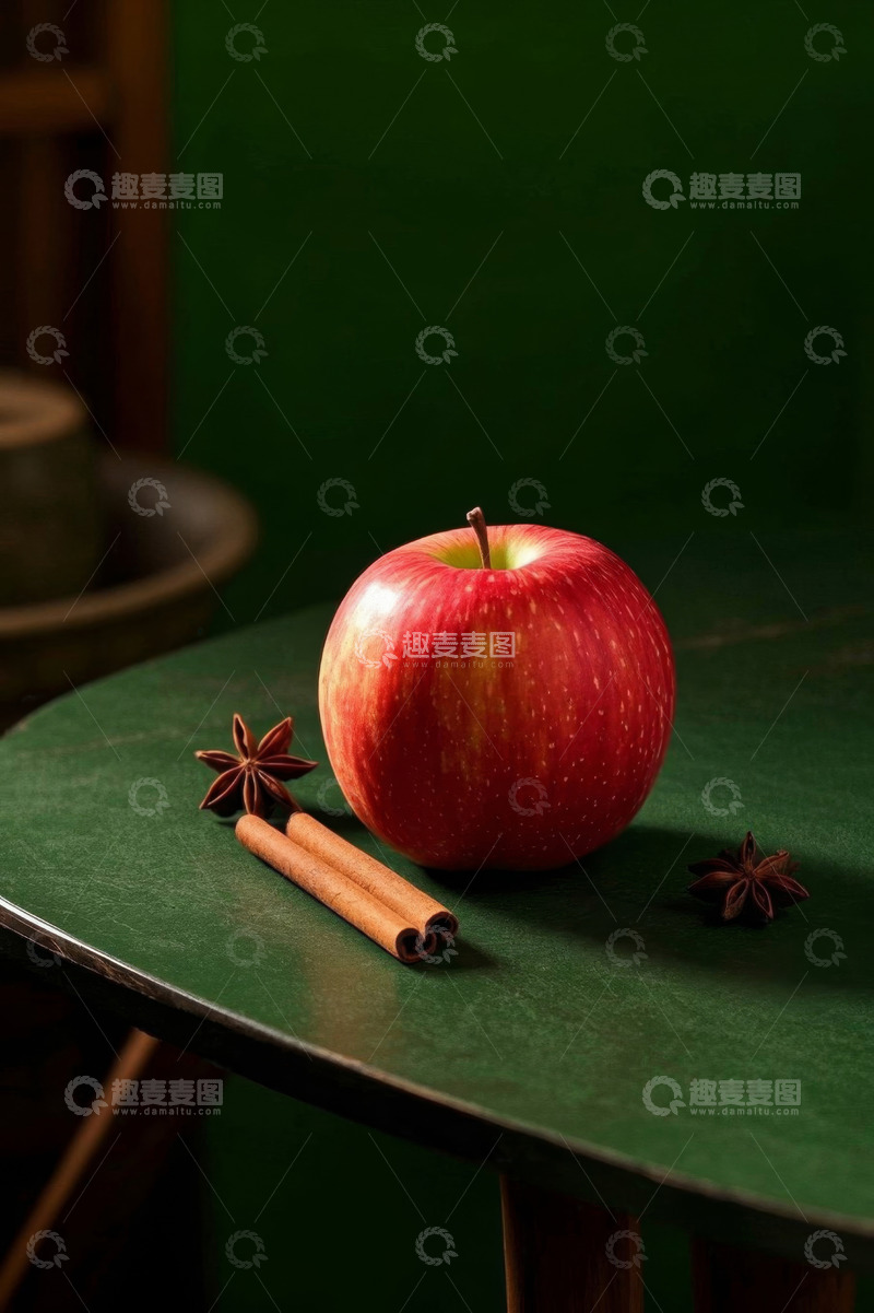 高清大图下载【趣麦麦图】绿色桌面上的红苹果与香料