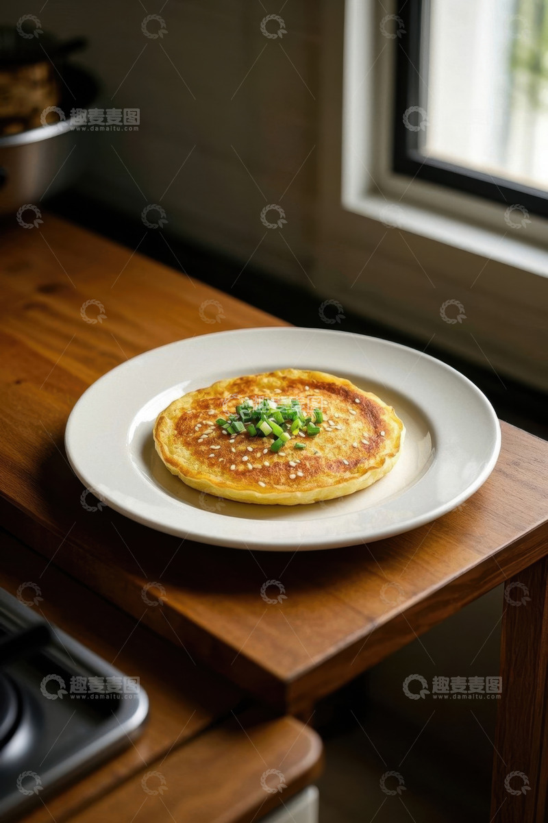 高清大图下载【趣麦麦图】木桌上盘子里的美味煎饼