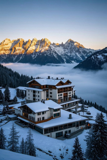雪山下被雪覆盖的山间建筑