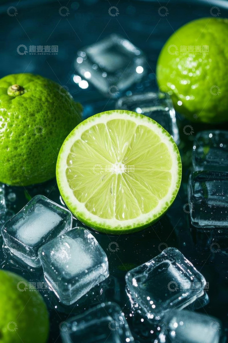 高清大图下载【趣麦麦图】冰块上的青柠檬静物特写