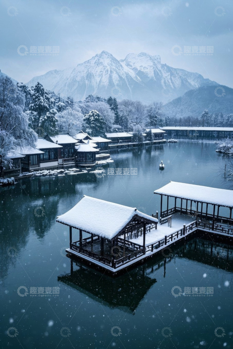 高清大图下载【趣麦麦图】雪景中式建筑湖泊风景