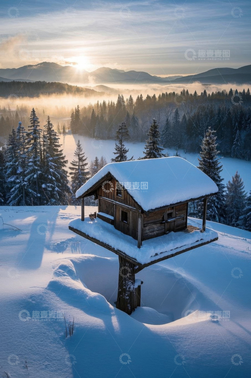 高清大图下载【趣麦麦图】雪后山林中的木屋景观