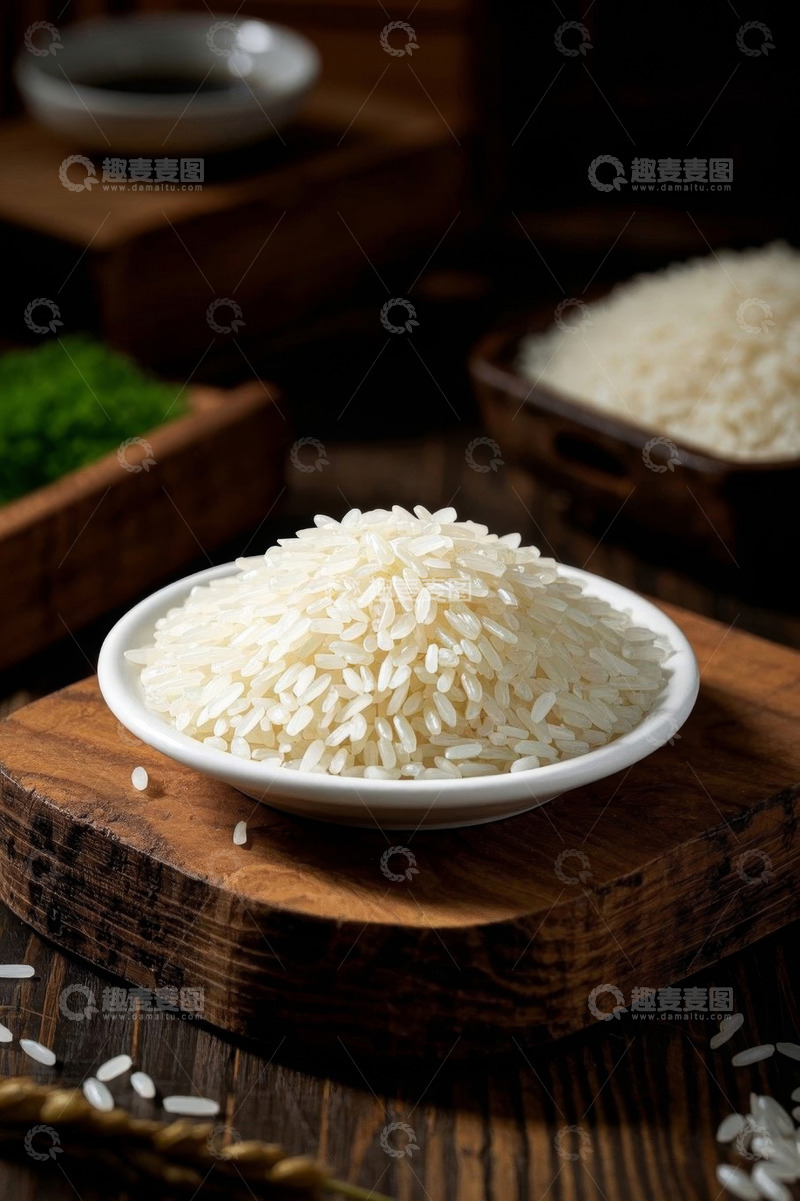 高清大图下载【趣麦麦图】木盘上白瓷碗装的优质大米