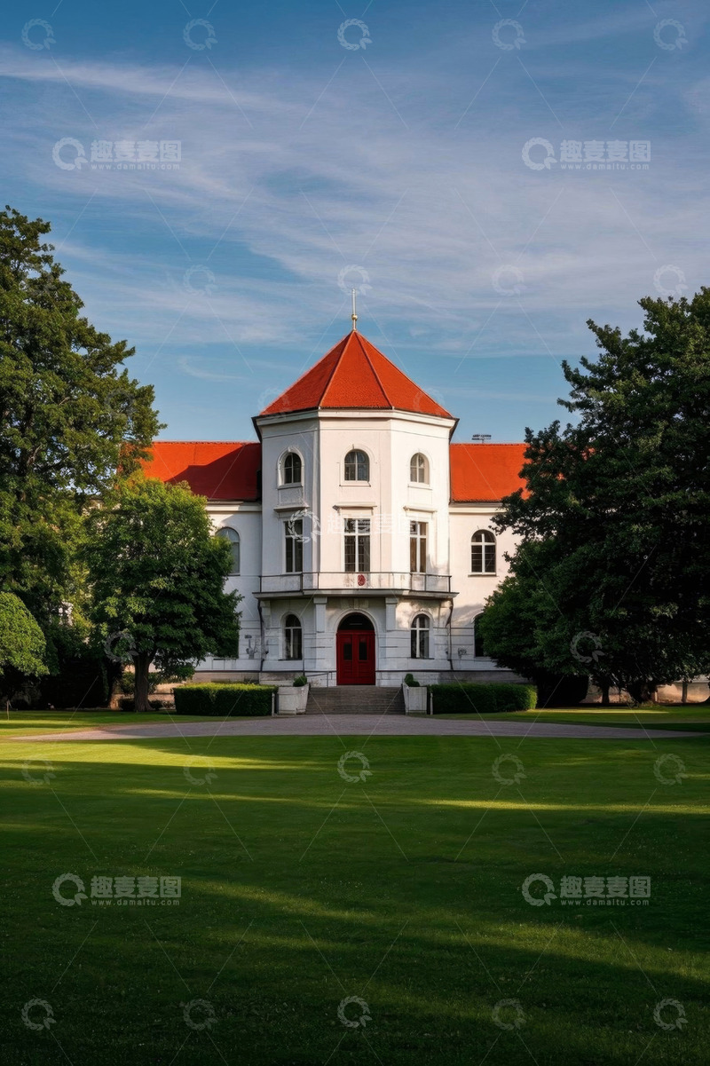 高清大图下载【趣麦麦图】草地旁带红顶的白色建筑