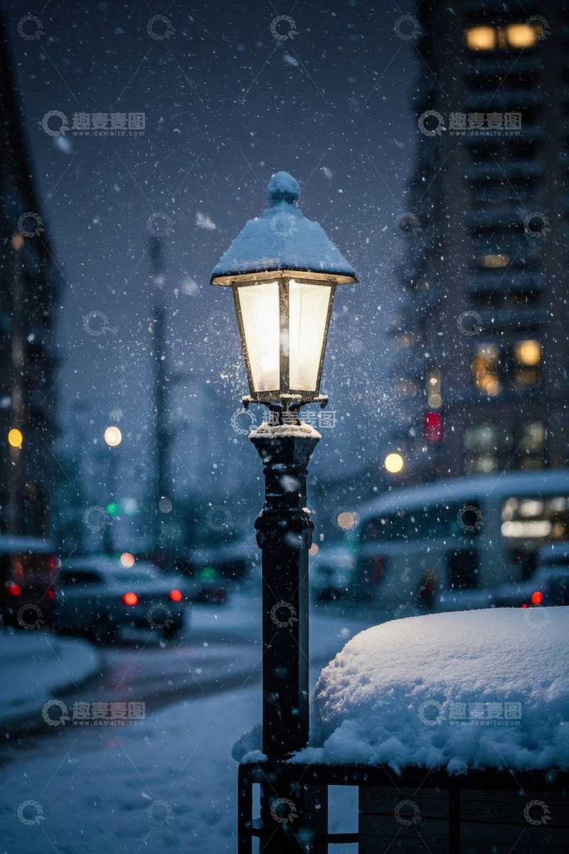 高清大图下载【趣麦麦图】雪夜街道上的亮灯路灯