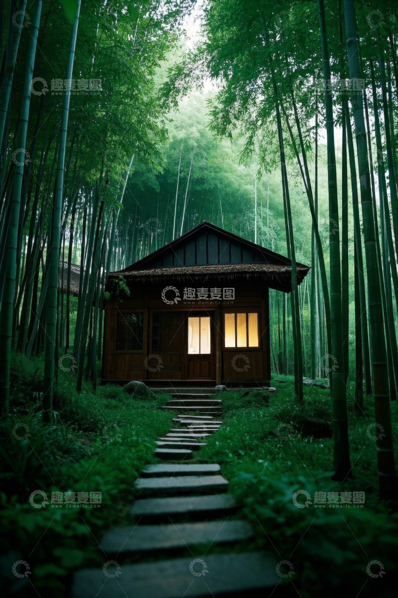 高清大图下载【趣麦麦图】竹林中的木屋与石板小径