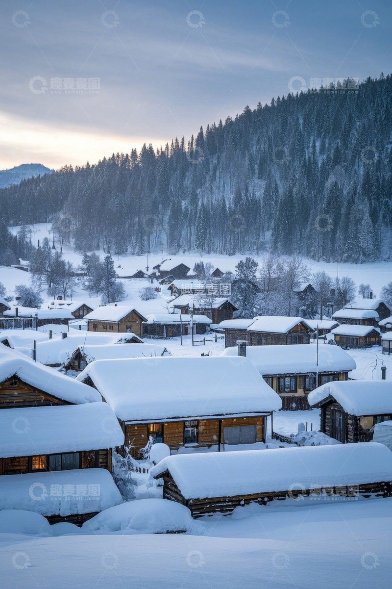 高清大图下载【趣麦麦图】雪覆盖的村庄与山林景观