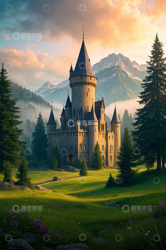 山林中的欧式城堡全景