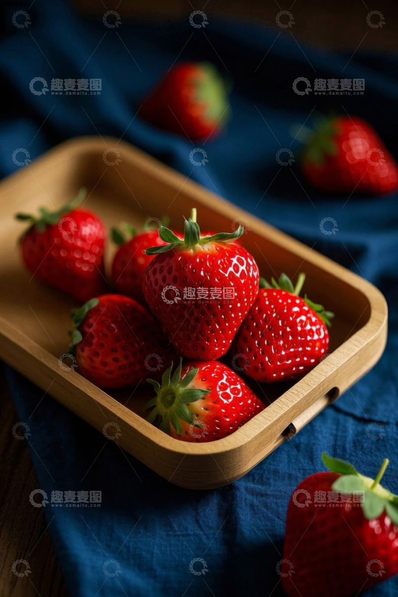 高清大图下载【趣麦麦图】木盘内摆放的新鲜草莓