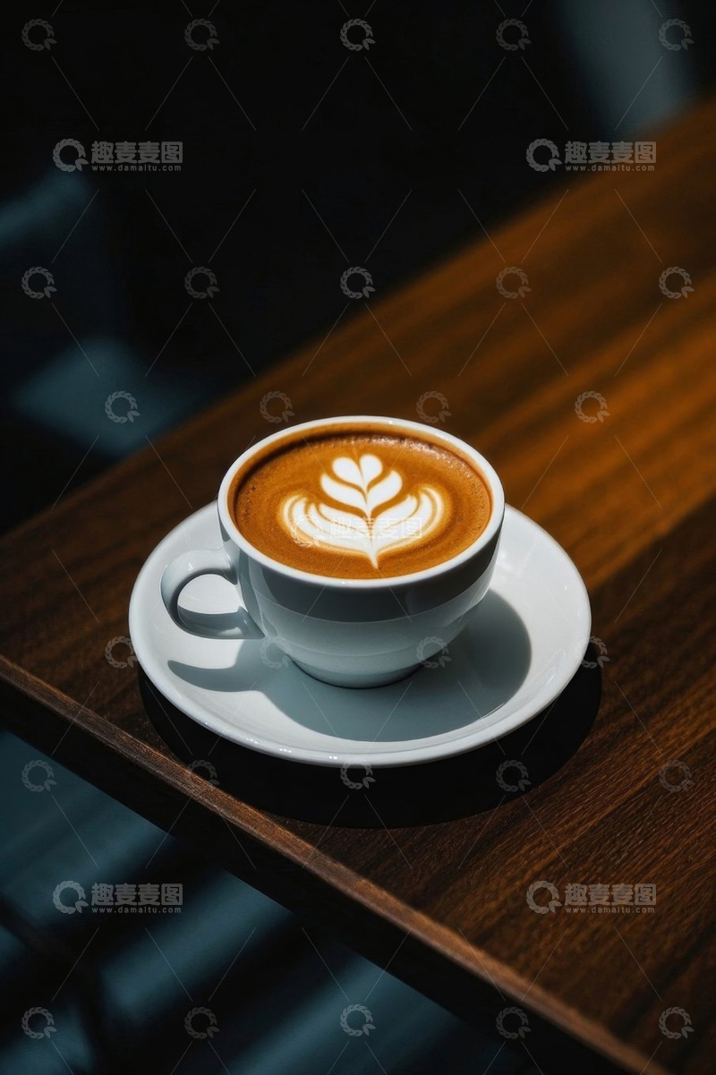 高清大图下载【趣麦麦图】木桌上的拉花咖啡特写