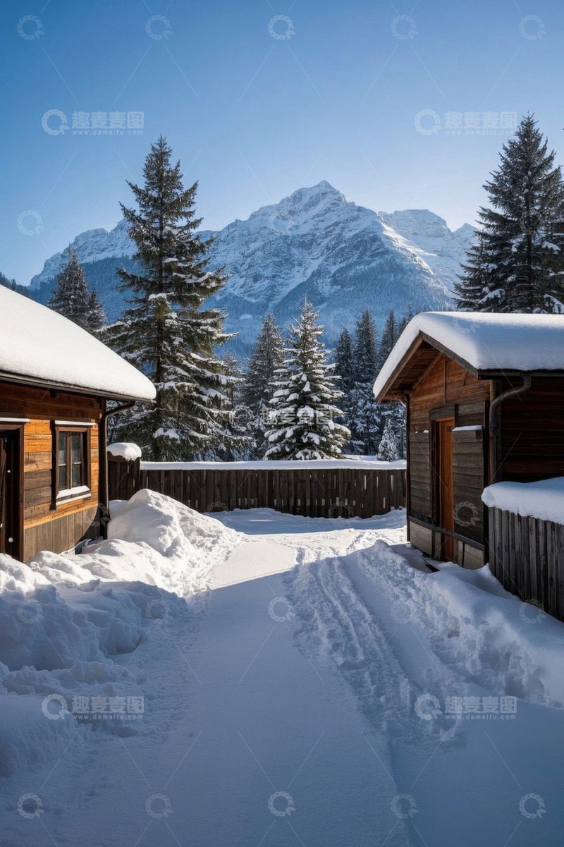 高清大图下载【趣麦麦图】雪山下被雪覆盖的木屋景观