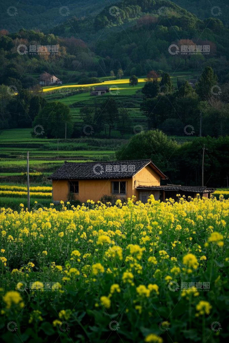 高清大图下载【趣麦麦图】乡村油菜花田中的小屋