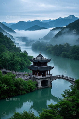 山水间中式古亭与桥风景