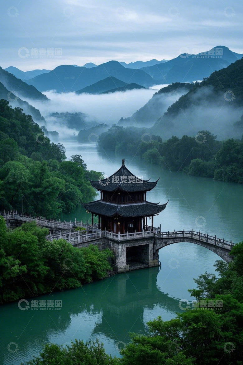 山水间中式古亭与桥风景
