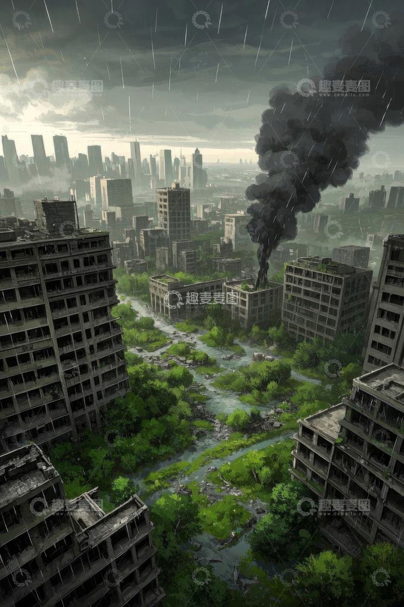 高清大图下载【趣麦麦图】废弃城市雨中景象