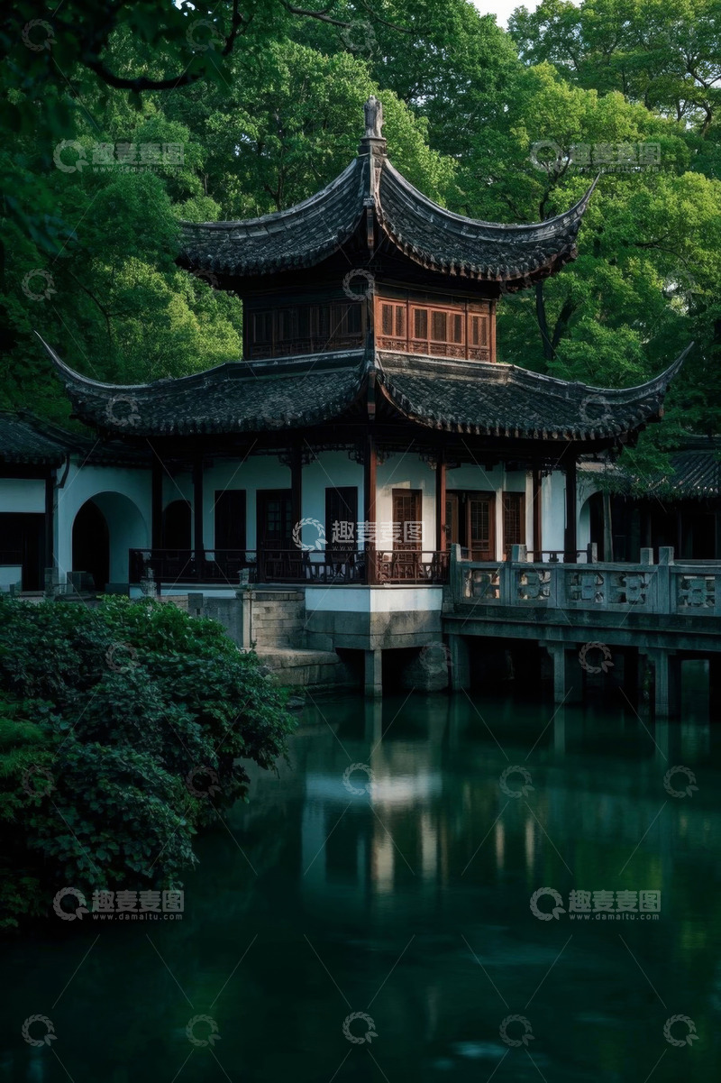 高清大图下载【趣麦麦图】中式古亭与周边水景