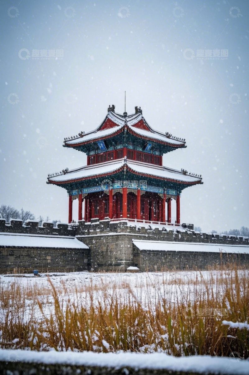 高清大图下载【趣麦麦图】雪中古建筑城楼风景