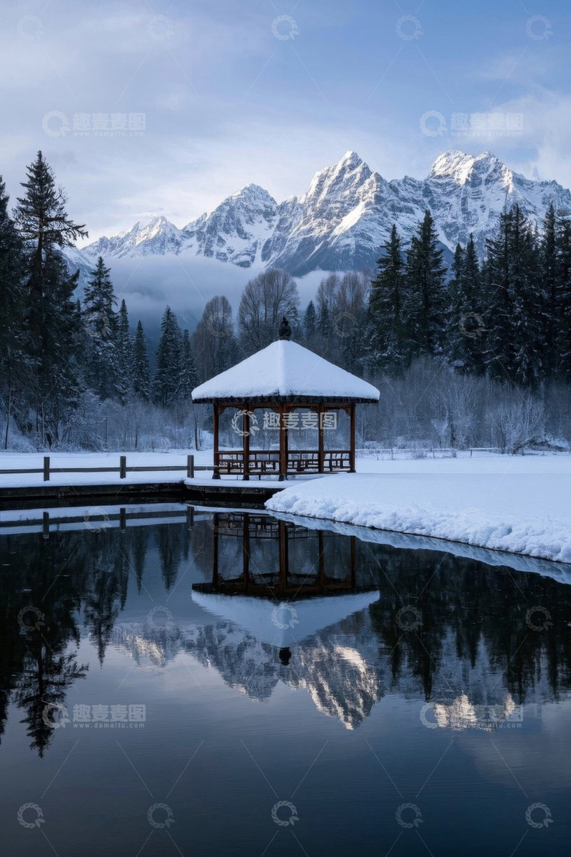 高清大图下载【趣麦麦图】雪后山林中的湖畔凉亭景观