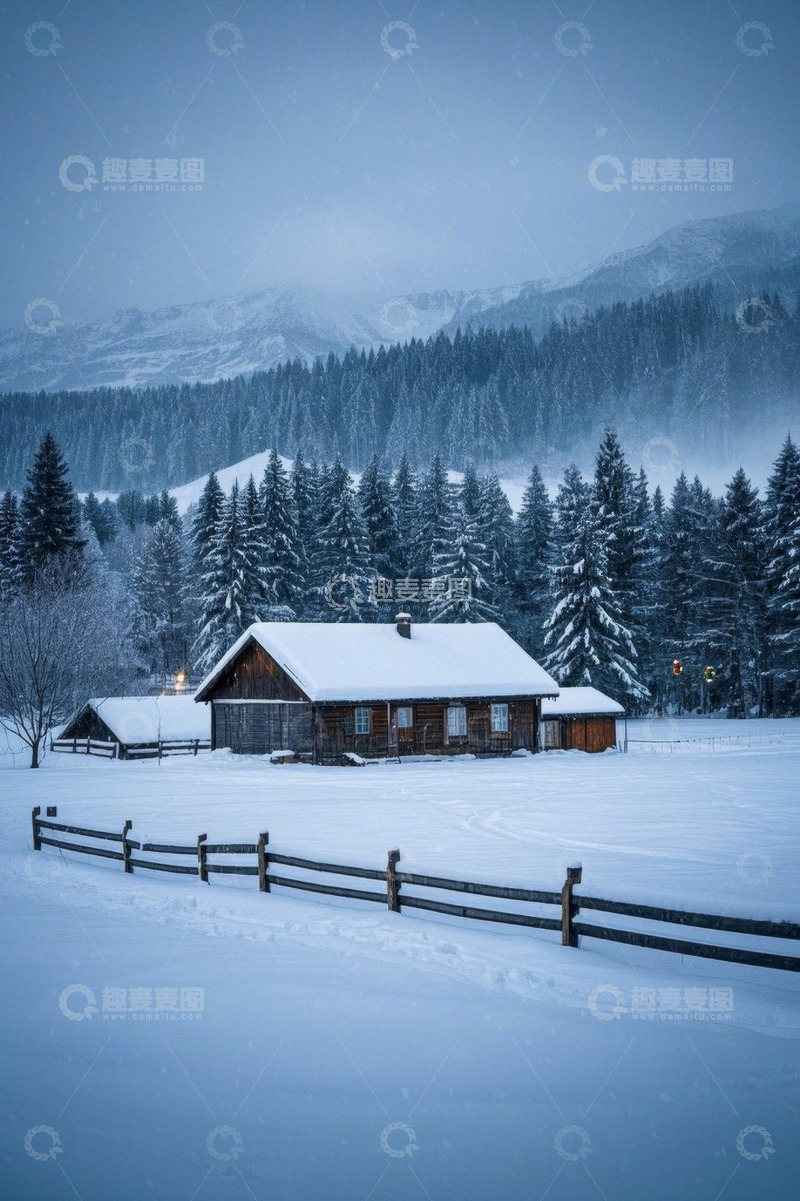 高清大图下载【趣麦麦图】雪中山林木屋风景