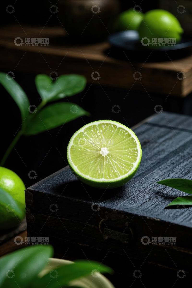 高清大图下载【趣麦麦图】木盒上的青柠及绿叶
