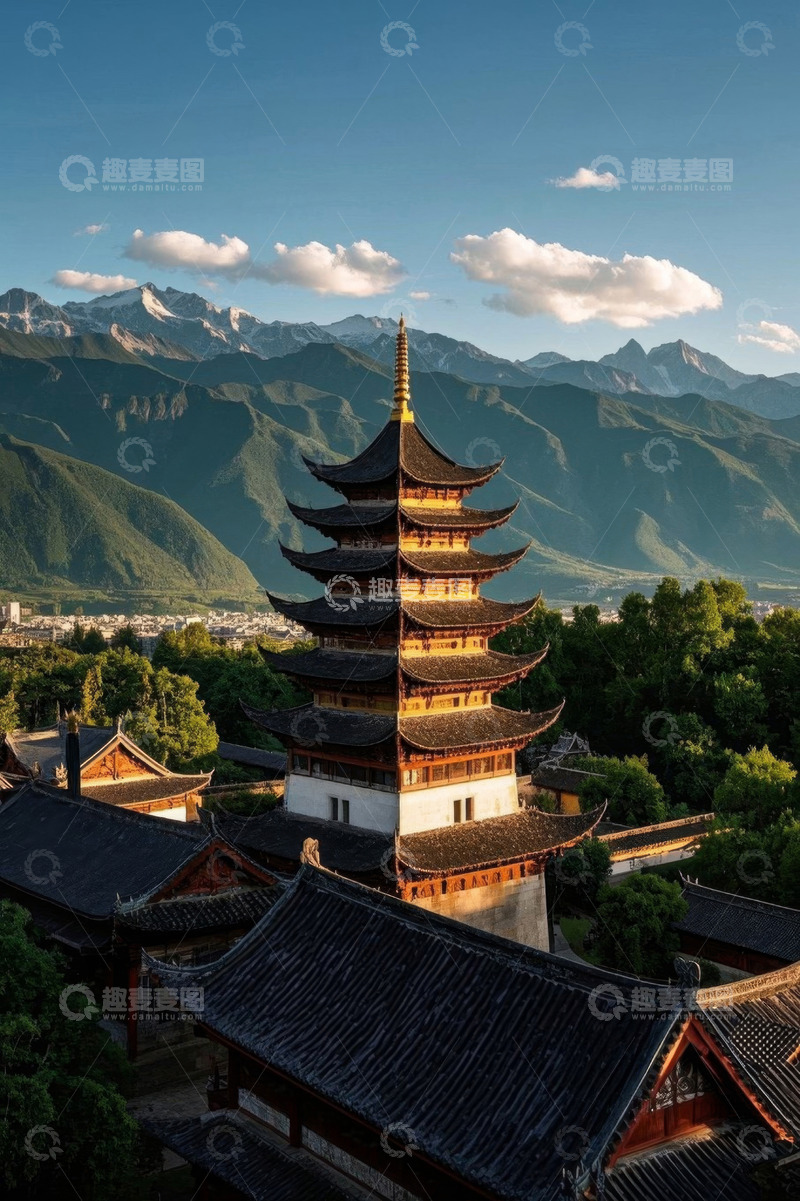 高清大图下载【趣麦麦图】中式古塔与远山风景