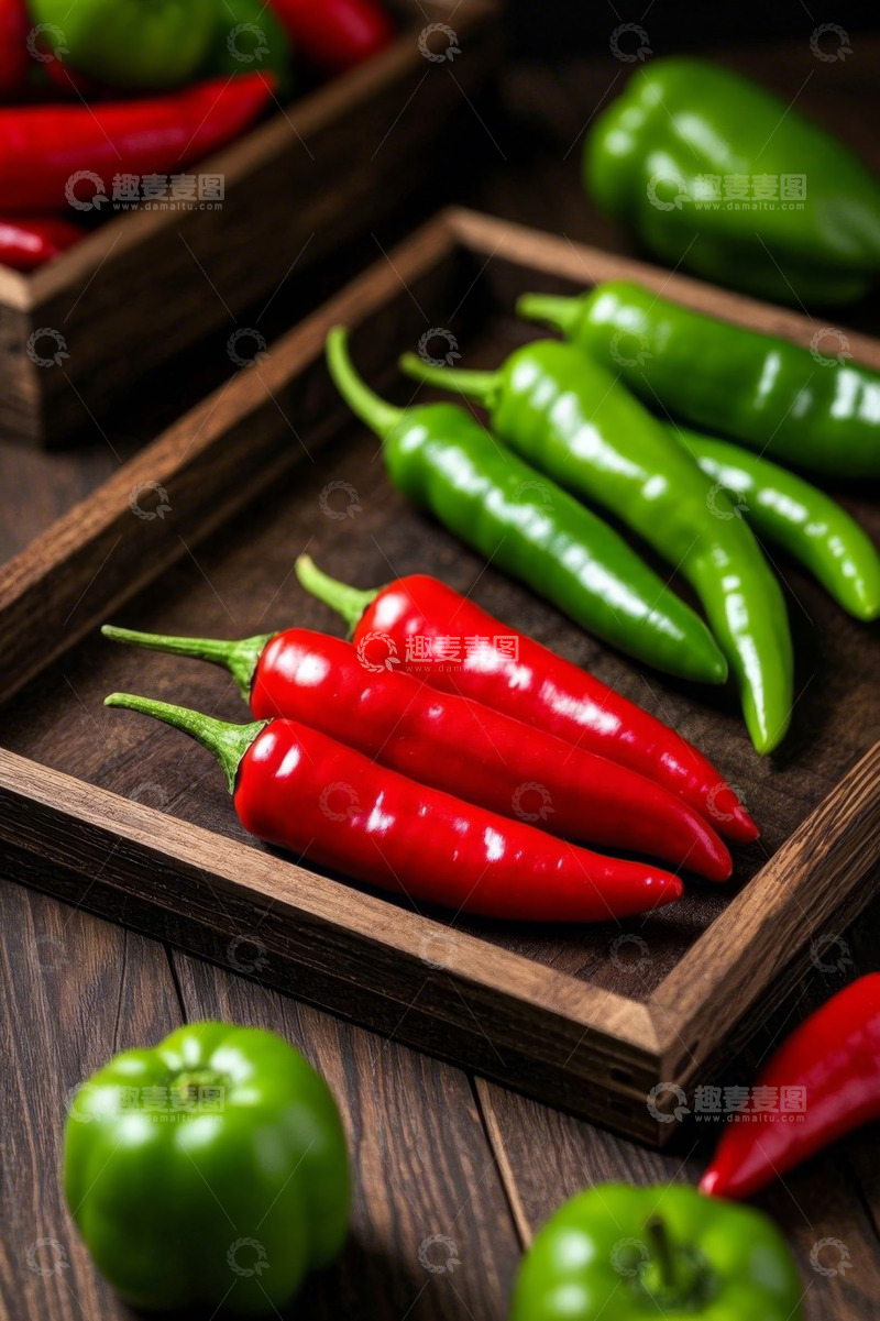 高清大图下载【趣麦麦图】木盘上摆放的红绿辣椒