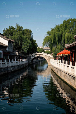 中式水乡石桥河道景致