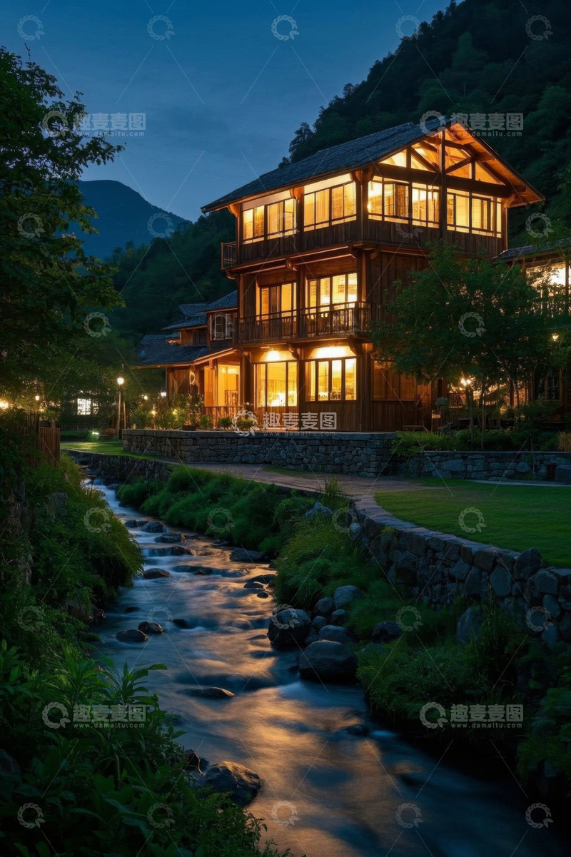 高清大图下载【趣麦麦图】山间木屋旁的溪流夜景