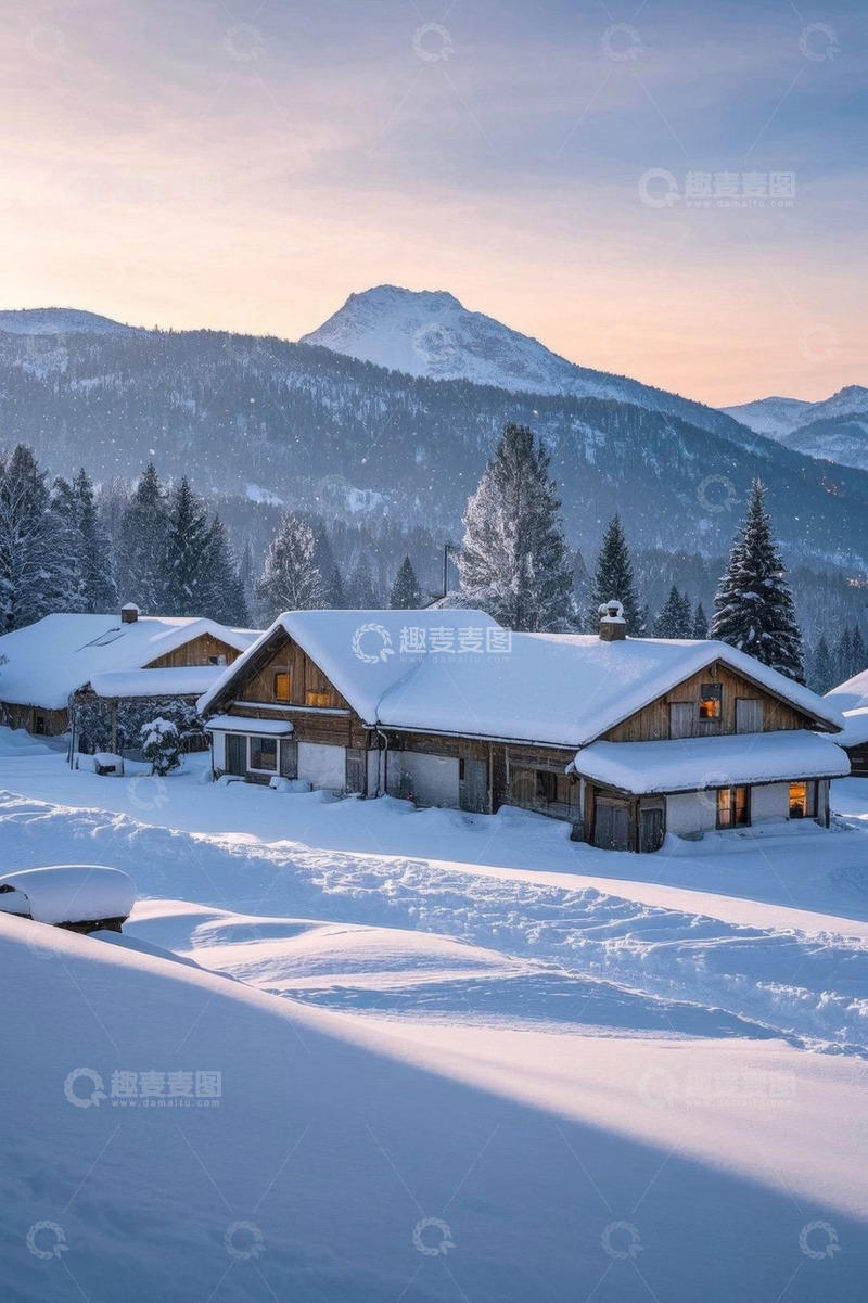 高清大图下载【趣麦麦图】雪山下的冬日木屋雪景