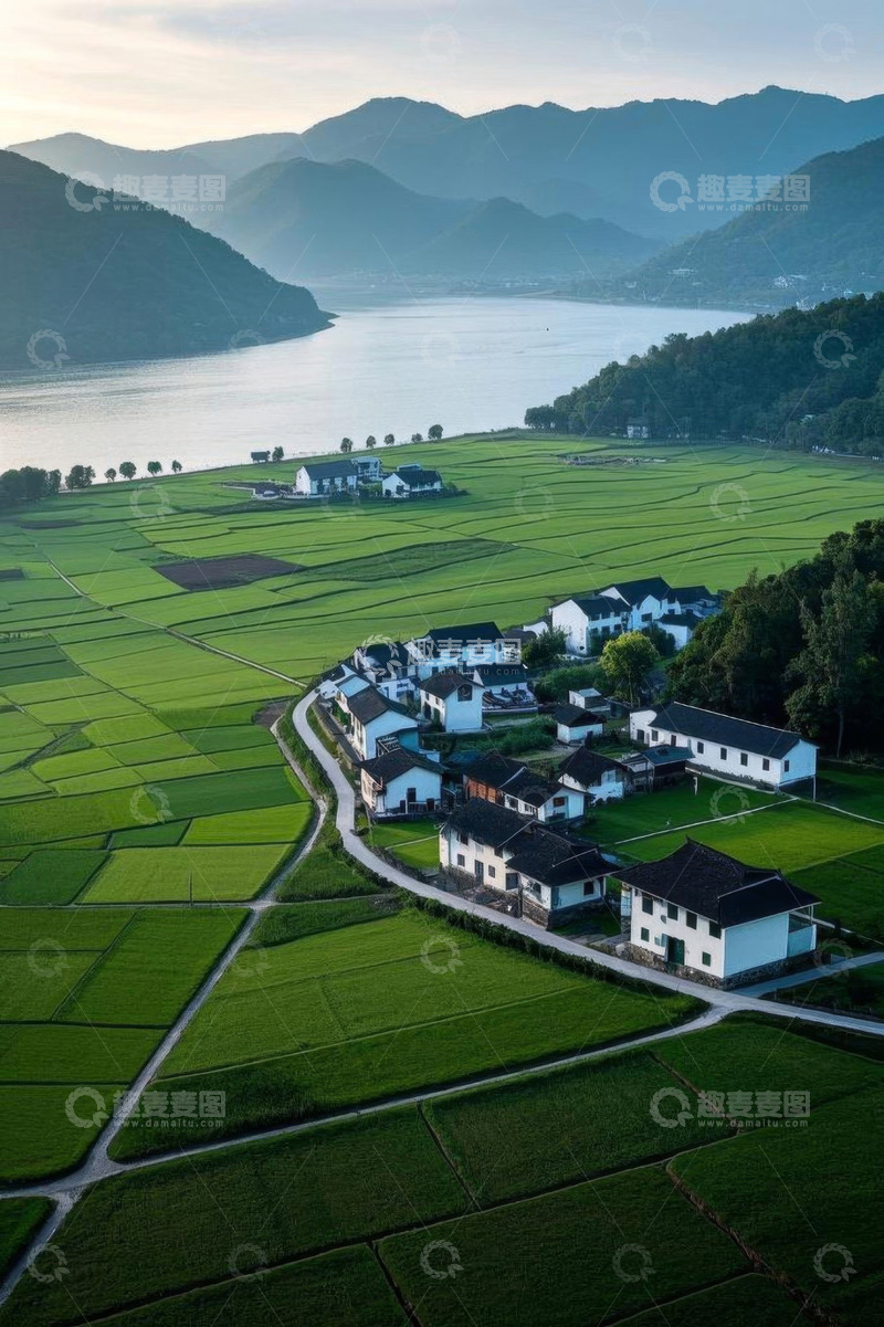 高清大图下载【趣麦麦图】乡村田野与村落的航拍景象