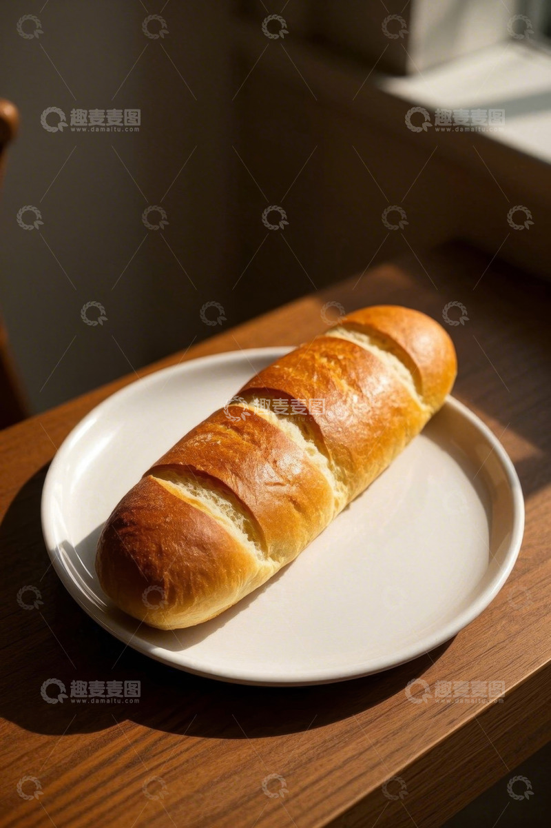 高清大图下载【趣麦麦图】木桌上白盘里的长条面包